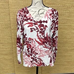 JM Collection Red and White Leaf Print Long Sleeve Top